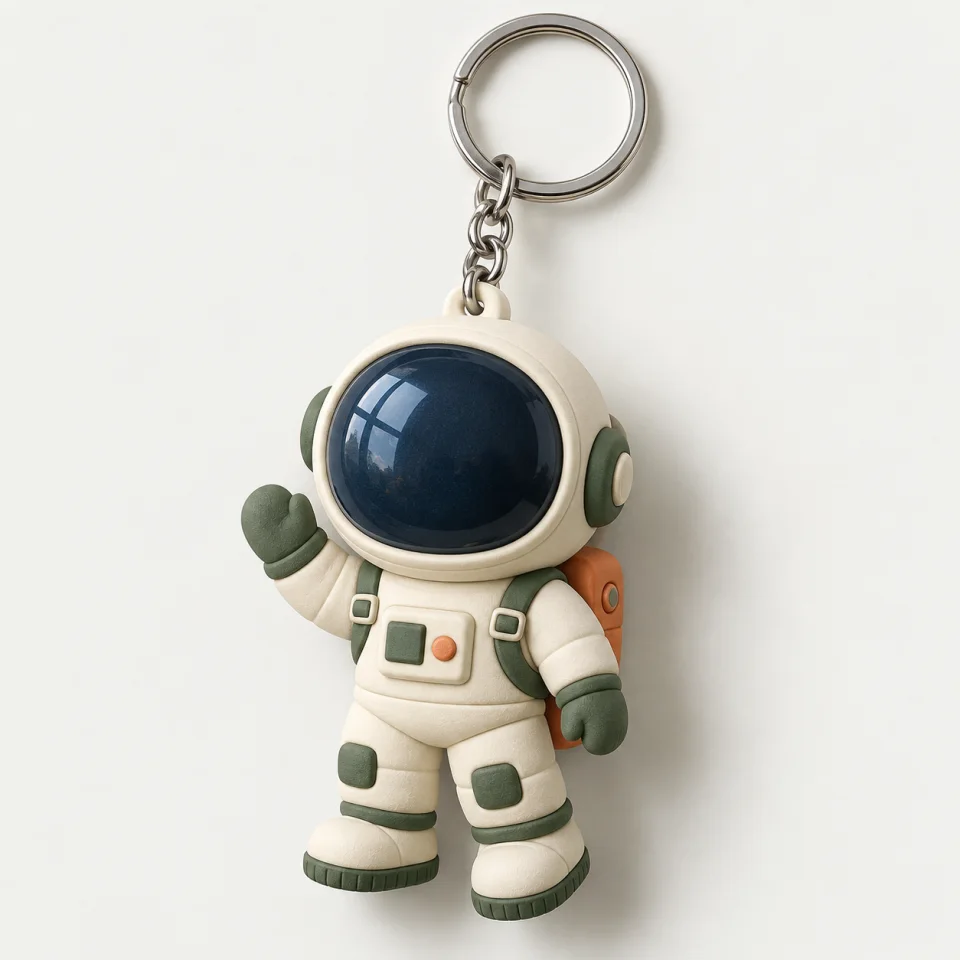 AI-generated astronaut PVC keychain concept with metal ring